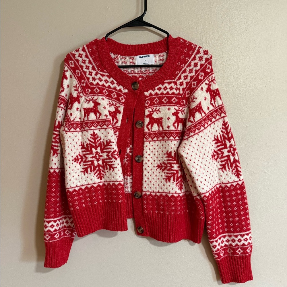 Old Navy Women's Red and White Fair Isle Nordic Holiday Sweater Size Medium